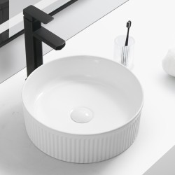 370*370*130mm Bathroom Round Fluted Above Counter Gloss White Ceramic Wash Basin